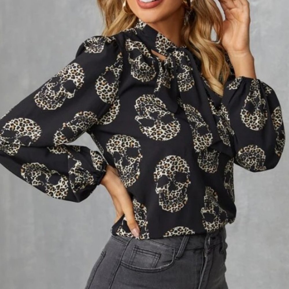 Skull Tie Neck Blouse Leopard Print
